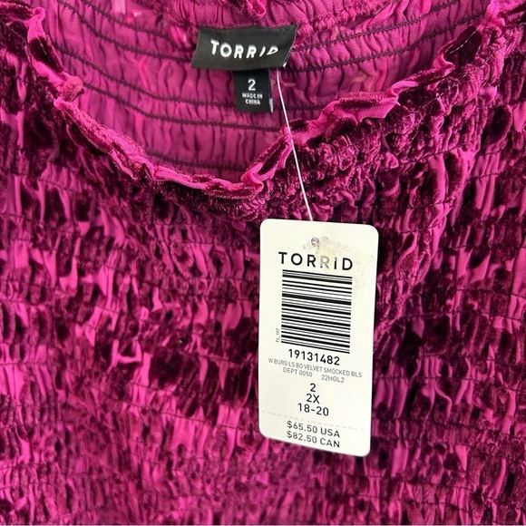 NWT Torrid Velvet Smocked Blouson Sleeve Cropped Ruched Wine/Plum Top Size 2X - Picture 6 of 15